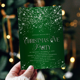 Elegant Green Silver Glitter Christmas Eve Party Einladung