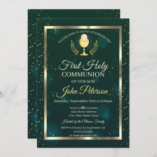 Elegant Green, Stars First Holy Communion Einladung (Vorne/Hinten)