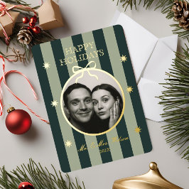Elegant Green Striped Ornament Photo Holiday Card Folien Feiertagskarte