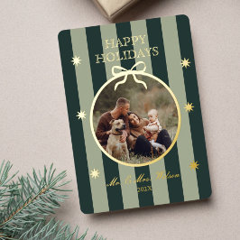 Elegant Green Striped Ornament Photo Holiday Card Folien Feiertagskarte