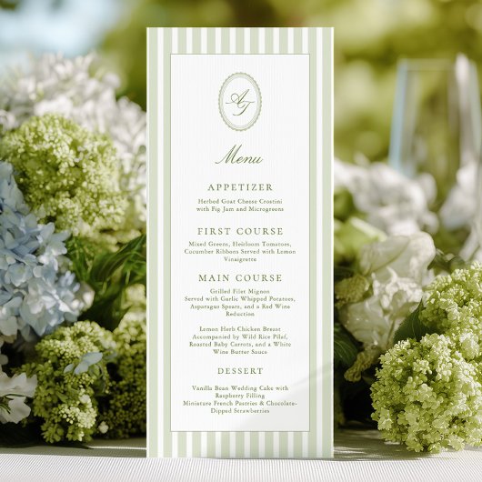 Elegant Green Stripes Wedding Menu Menükarte