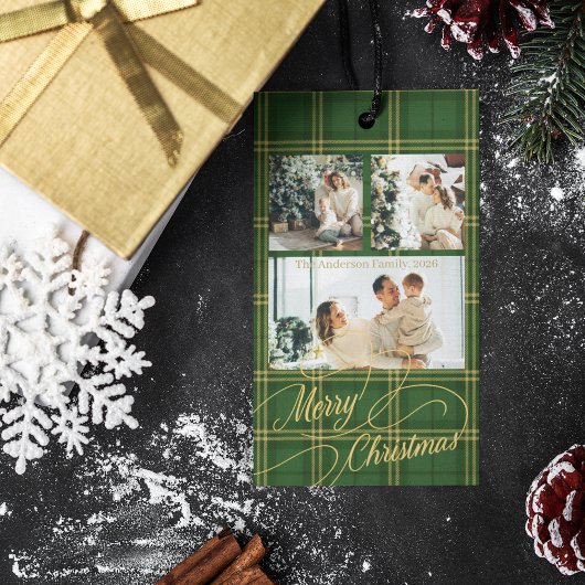 Elegant Green Tartan Family Photo Christmas Card Geschenkanhänger