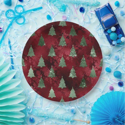 Elegant Green Trees Red Faux Foil Christmas Pappteller (Party)