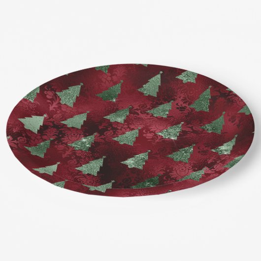 Elegant Green Trees Red Faux Foil Christmas Pappteller (Schrägansicht)