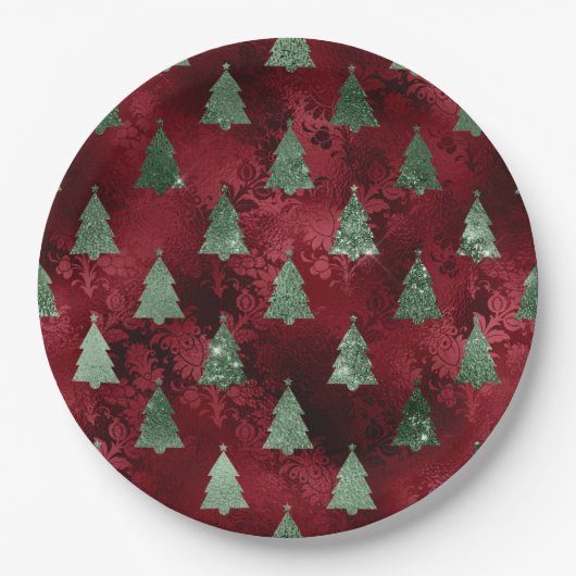 Elegant Green Trees Red Faux Foil Christmas Pappteller (Vorderseite)