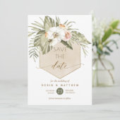 Elegant Green und Beige Palm Blätter Blumen Save The Date (Stehend Vorderseite)