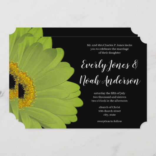 Elegant Green und Black Gerber Daisy Wedding Einladung (Vorne/Hinten)