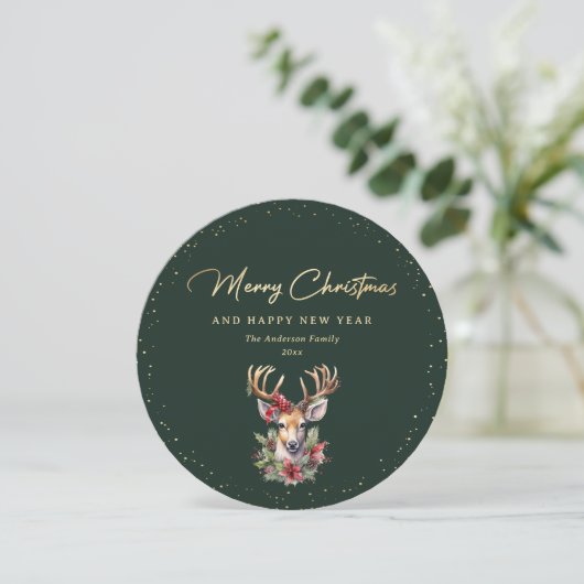 Elegant Green und Gold Deer Frohe Weihnachten (Stehend Vorderseite)