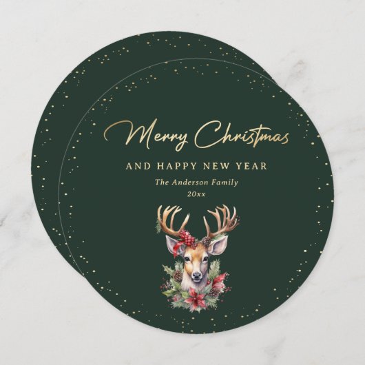 Elegant Green und Gold Deer Frohe Weihnachten (Vorne/Hinten)