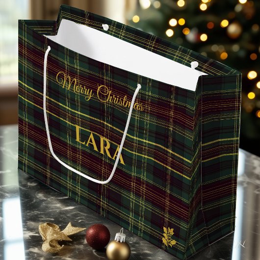 Elegant Green und Gold Karierte Weihnachtszeit Cus Große Geschenktüte
