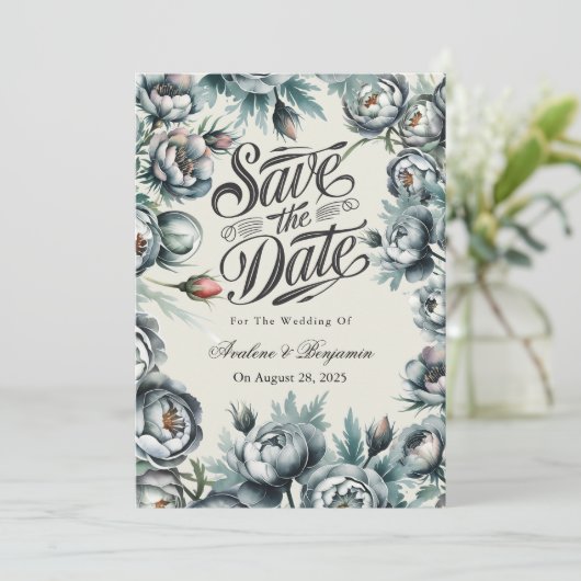 Elegant Green und Gray Bouquet Save the Date Einladung (Stehend Vorderseite)