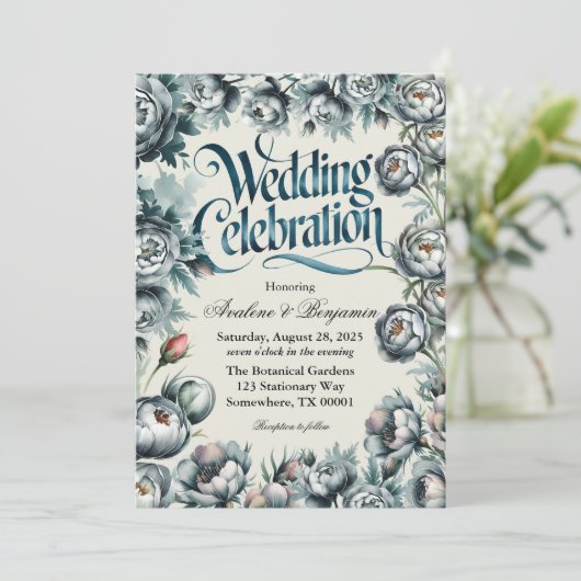Elegant Green und Gray Bouquet Wedding Celebration Einladung (Stehend Vorderseite)