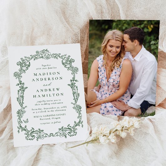 Elegant Green Victorian Floral Photo Wedding Einladung
