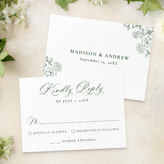 Elegant Green Victorian Floral Wedding RSVP Karte