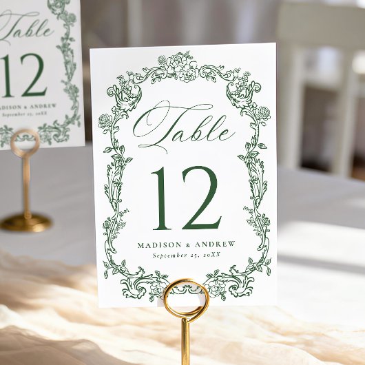 Elegant Green Victorian Floral Wedding Tischnummer