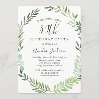 Elegant Green Watercolor 30. Geburtstag Einladung