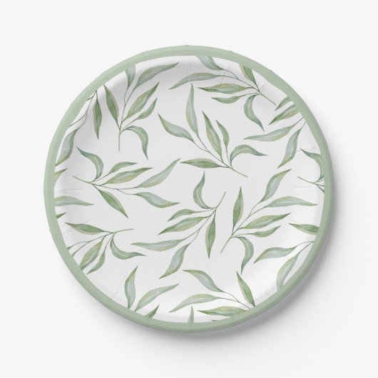 Elegant Green Watercolor Leaves Botanical Pattern Pappteller (Vorderseite)