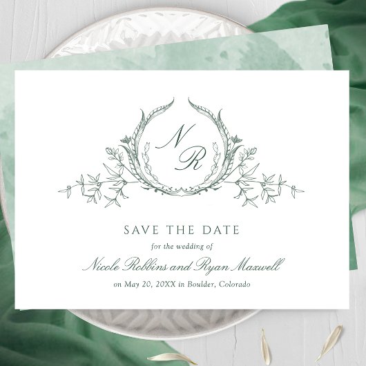 Elegant Green Watercolor Monogram Calligraphy Save The Date