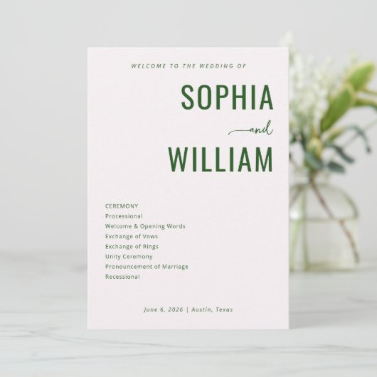Elegant Green Wedding Ceremony Programm (Stehend Vorderseite)