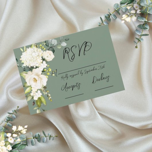 Elegant Green White Floral RSVP Karte