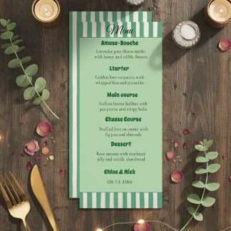 Elegant Green & White Striped Wedding Dinner Menu Menükarte