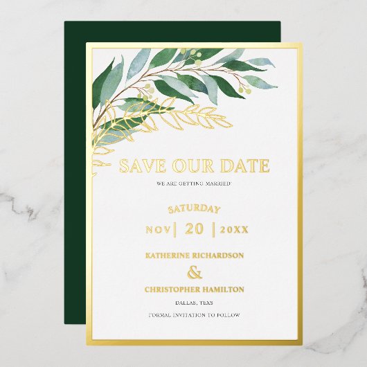 Elegant Greenerage Foliage Green Save the Date Folieneinladung (Vorderseite/Rückseite)