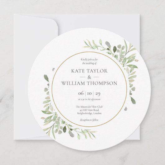 Elegant Greenerity Blätter Circular Wedding Einladung (Vorderseite)