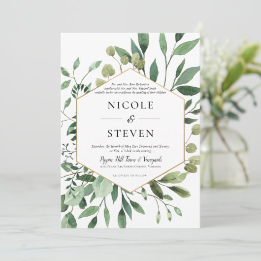 Elegant Greenerity Gold Frame Wedding Einladung (Stehend Vorderseite)