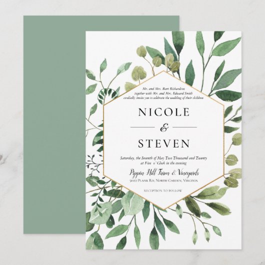 Elegant Greenerity Gold Frame Wedding Einladung (Vorne/Hinten)