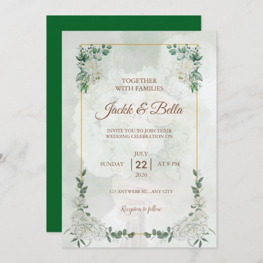 Elegant Greenerity Gold Frame Wedding Einladung (Vorne/Hinten)