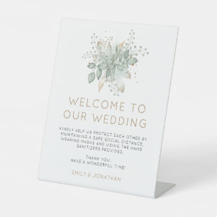 Elegant Greenerity Gold Wedding Willkommen COVID S Sockelschild