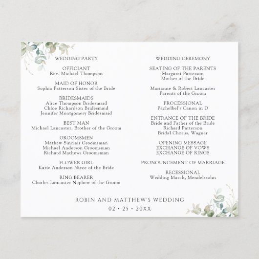 Elegant Greenerity Wedding Timeline und Programm (Rückseite)