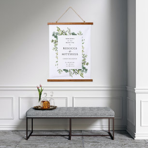 Elegant Greenerity Wedding Welcome Sign Wandteppich Mit Holzrahmen