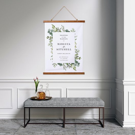 Elegant Greenerity Wedding Welcome Sign Wandteppich Mit Holzrahmen