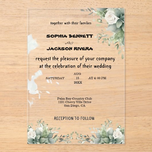 Elegant Greenery Acrylic Wedding Einladung (Vorderseite)