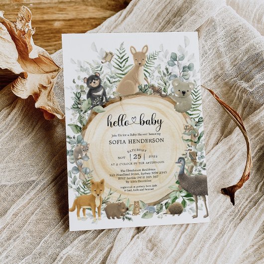 Elegant Greenery Australian Animals Baby Shower in Einladung