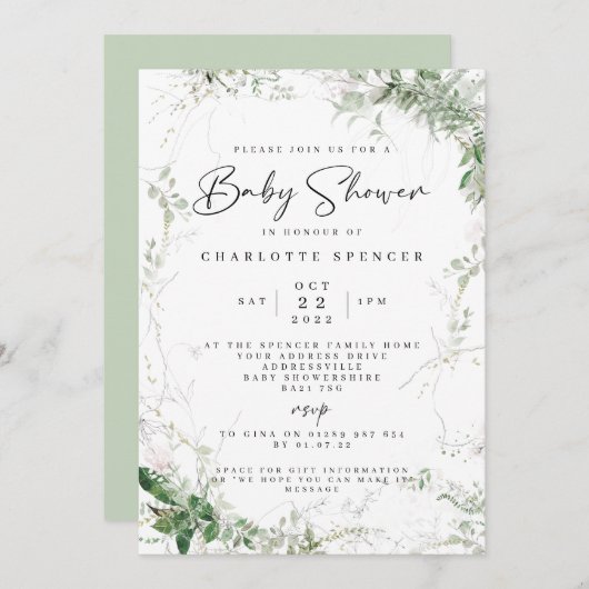 Elegant Greenery Baby Shower Einladung (Vorne/Hinten)