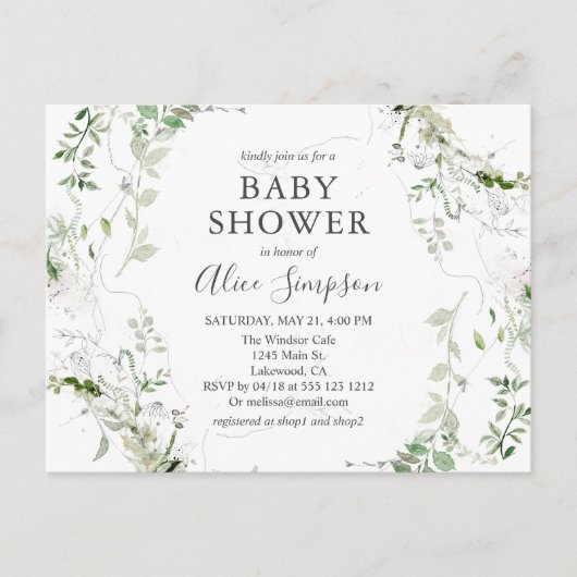 Elegant Greenery Baby Shower Einladungspostkarte (Vorderseite)