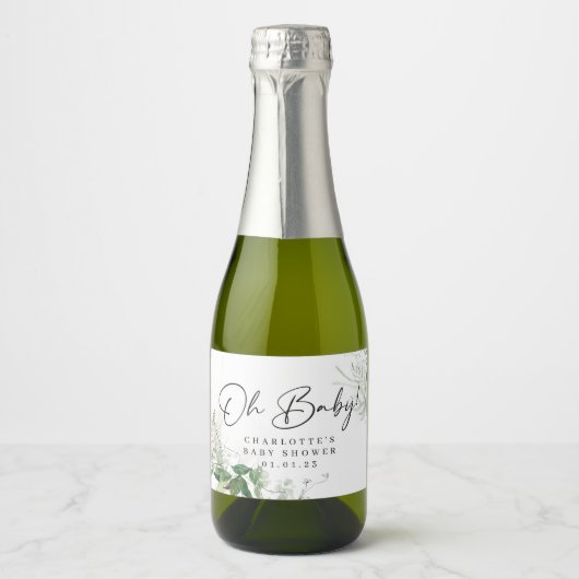 Elegant Greenery Baby Shower Mini Sparkling Wine L Schaumweinetikett (Vorderseite)