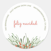 Elegant Greenery Berries Feliz Navidad Runder Aufkleber (Vorderseite)
