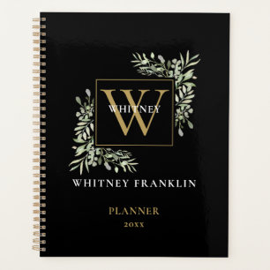 Elegant Greenery Black Gold Monogram 2023 Planer