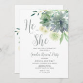 Elegant Greenery Bloral He or She Gender Reveal Einladung (Vorne/Hinten)