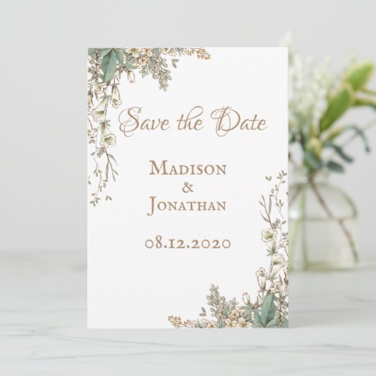 Elegant Greenery Bloral Script Wedding Save The Date (Stehend Vorderseite)