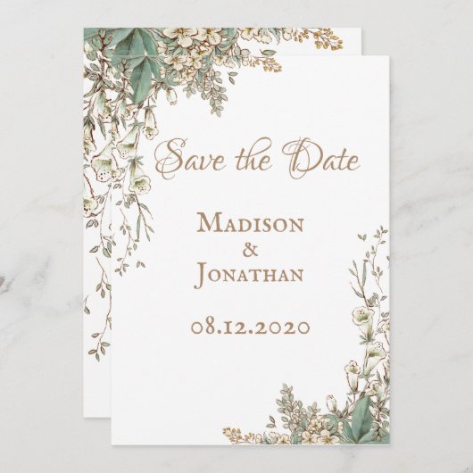 Elegant Greenery Bloral Script Wedding Save The Date (Vorne/Hinten)