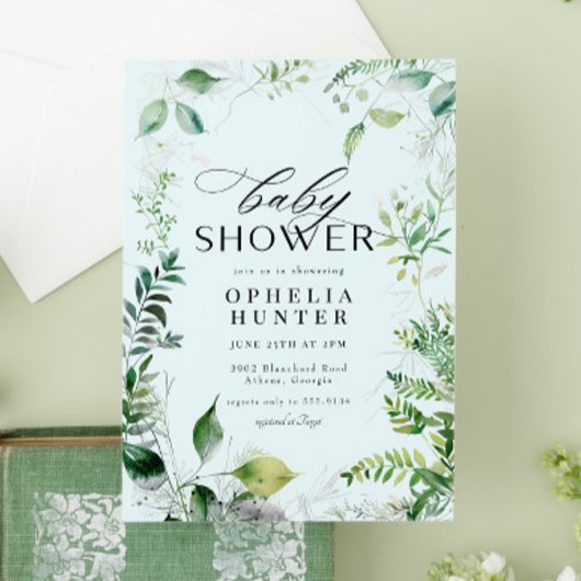 Elegant Greenery Blue Sky Leafy Baby Shower Einladung