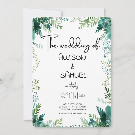 Elegant Greenery Border Wedding Einladung (Vorderseite)