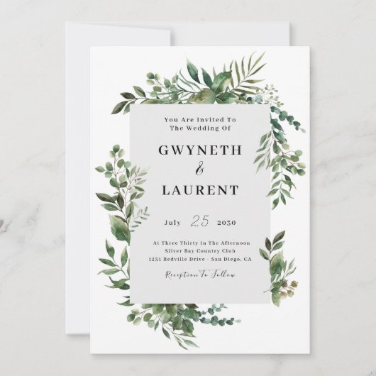 Elegant Greenery Border Wedding Einladung (Vorderseite)