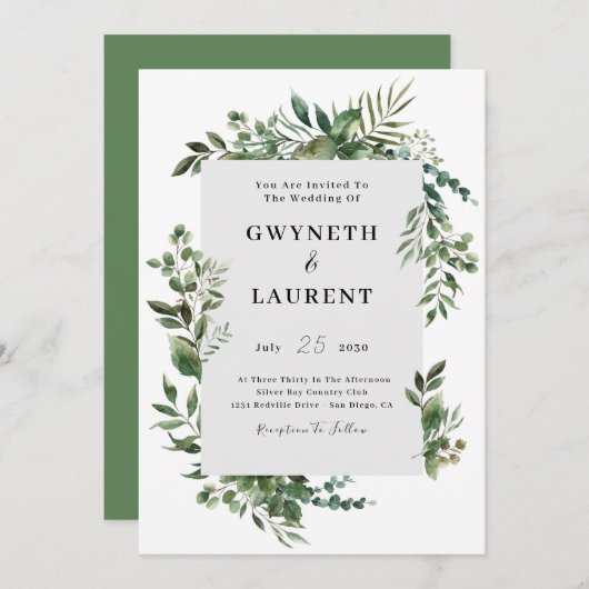 Elegant Greenery Border Wedding  Einladung (Vorne/Hinten)