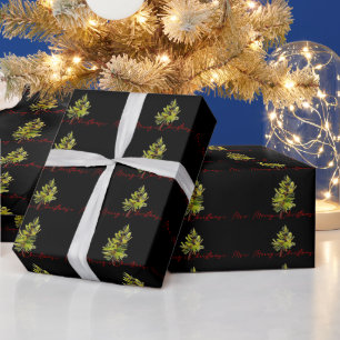 Elegant Greenery Botanical Merry Christmas Black Geschenkpapier