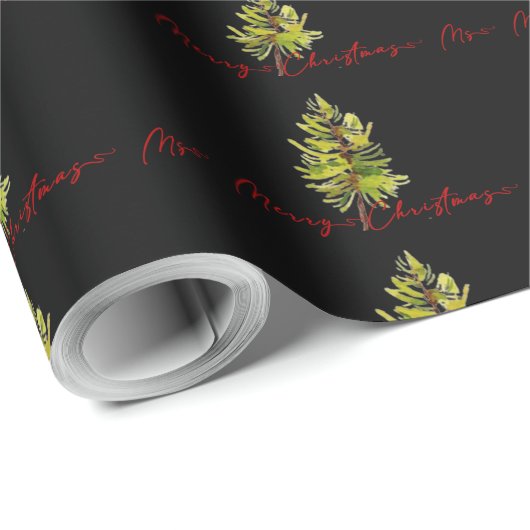 Elegant Greenery Botanical Merry Christmas Black Geschenkpapier (Rolleneckpunkt)